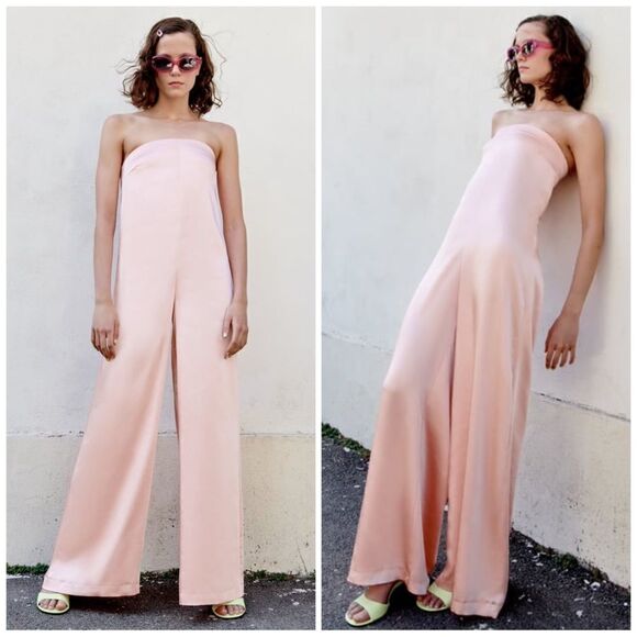 ZARA strapless satin effect jumpsuit pale pink - Picture 1 of 11